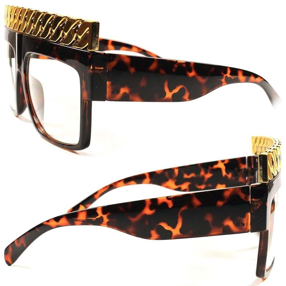 Designer Hip Hop Rapper Gold Cuban Link Chain Top Square Tortoise Clear Glasses